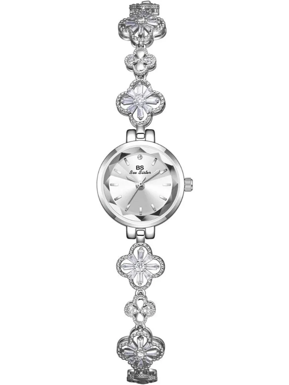 Women's Silver White Analog Quartz Vintage Hollow Four Leaf Chain Bracelet Watch